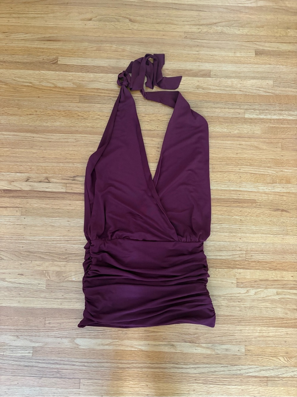 Garage plunge Ruched Mini Dress in Plum